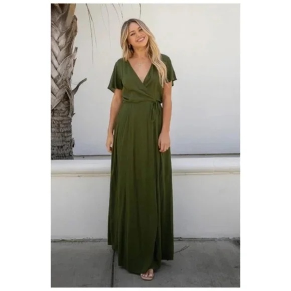 Olive Green Short Flutter Sleeve Wrap Spring Maxi Dress - Picture 1 of 5